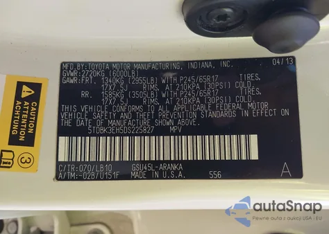 2013 Toyota Highlander Se V6 from USA, damaged, VIN 5TDBK3EH5DS225827